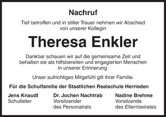 Traueranzeige von Theresa Enkler von Dinkelsbühl/ Feuchtwangen