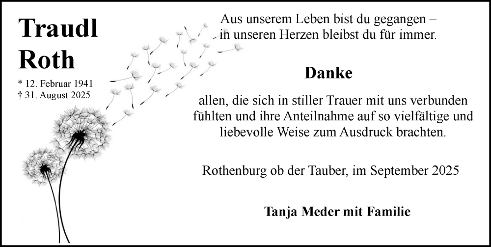  Traueranzeige für Traudl Roth vom 27.09.2025 aus Rothenburg