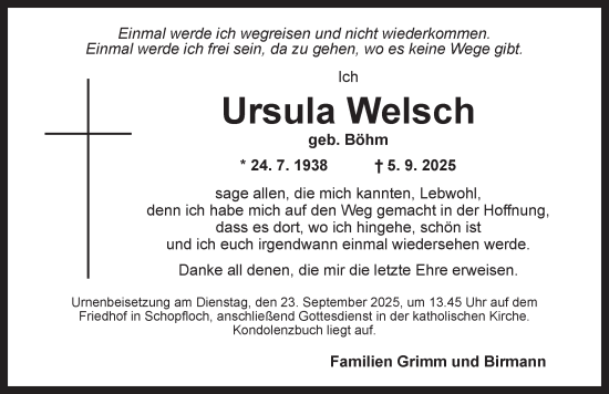 Traueranzeige von Ursula Welsch von Dinkelsbühl/ Feuchtwangen