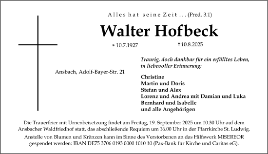 Traueranzeige von Walter Hofbeck von Ansbach