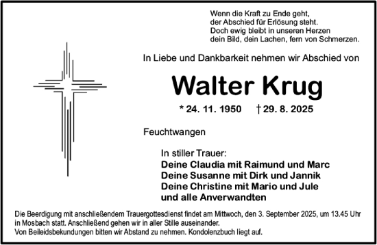 Traueranzeige von Walter Krug von Dinkelsbühl/ Feuchtwangen