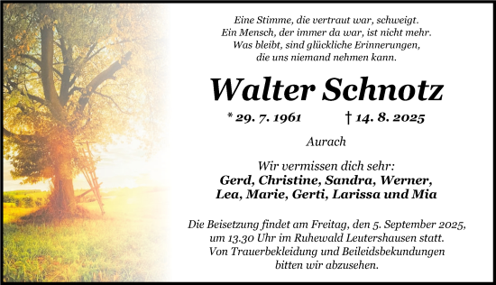 Traueranzeige von Walter Schnotz von Ansbach