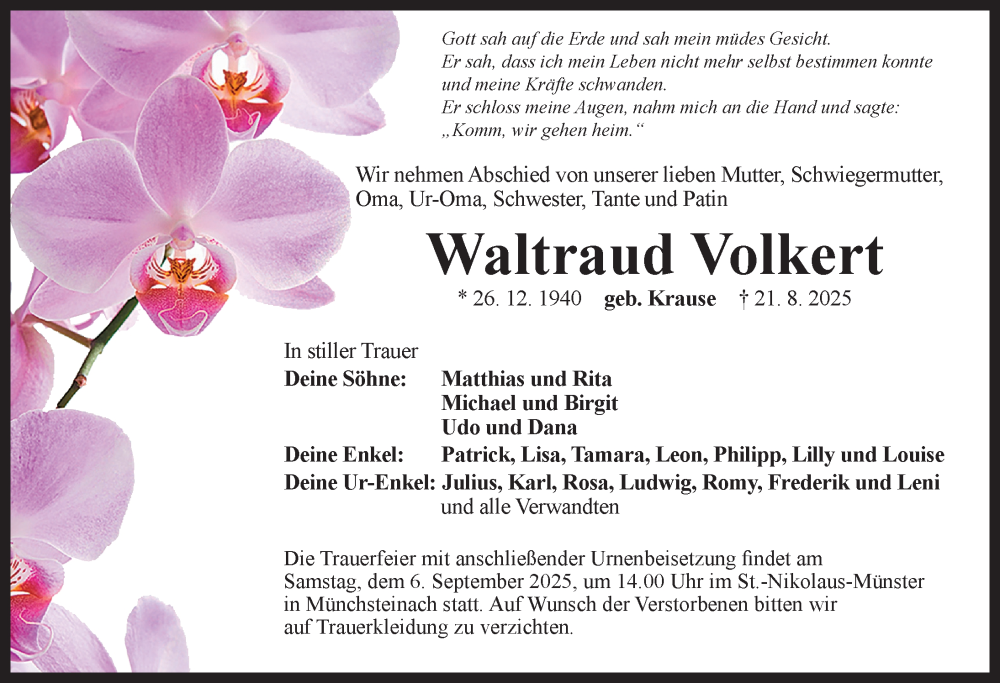  Traueranzeige für Waltraud Volkert vom 02.09.2025 aus Neustadt/ Scheinfeld/ Uffenheim