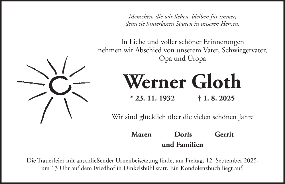  Traueranzeige für Werner Gloth vom 09.09.2025 aus Dinkelsbühl/ Feuchtwangen
