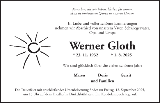 Traueranzeige von Werner Gloth von Dinkelsbühl/ Feuchtwangen