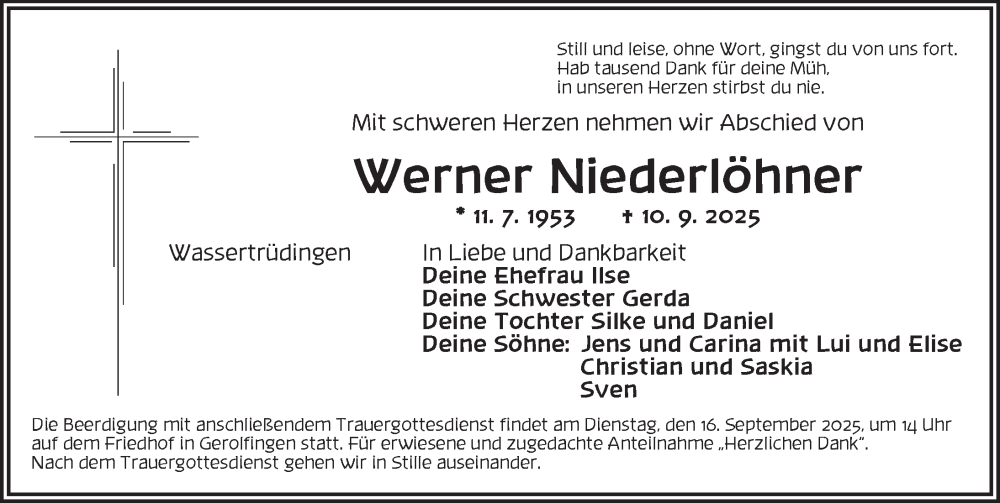  Traueranzeige für Werner Niederlöhner vom 13.09.2025 aus Dinkelsbühl/ Feuchtwangen