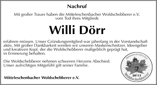Traueranzeige von Willi Dörr von Ansbach
