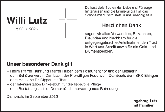 Traueranzeige von Willi Lutz von Dinkelsbühl/ Feuchtwangen