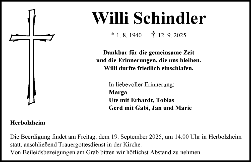  Traueranzeige für Willi Schindler vom 17.09.2025 aus Neustadt/ Scheinfeld/ Uffenheim