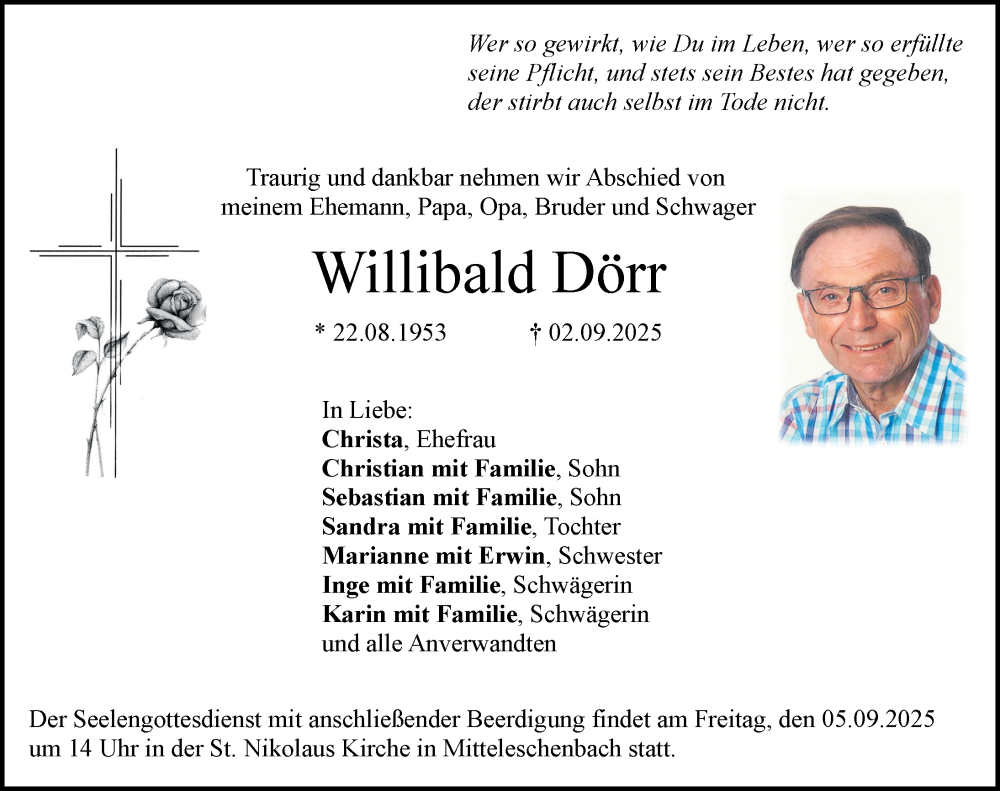  Traueranzeige für Willibald Dörr vom 03.09.2025 aus Ansbach