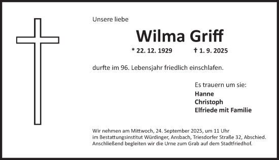 Traueranzeige von Wilma Griff von Ansbach