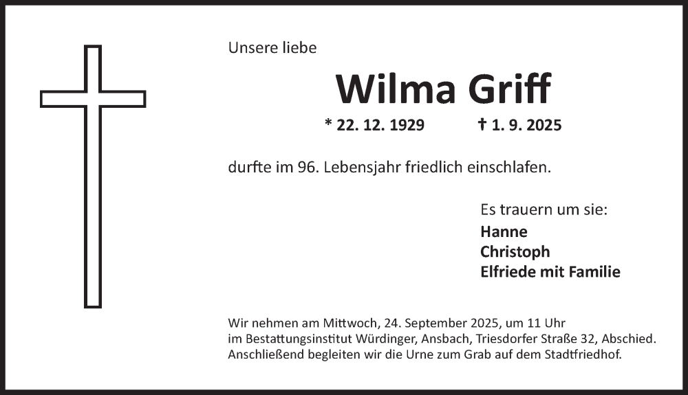  Traueranzeige für Wilma Griff vom 20.09.2025 aus Ansbach