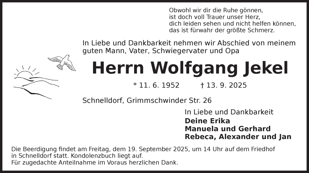 Traueranzeige für Wolfgang Jekel vom 17.09.2025 aus Dinkelsbühl/ Feuchtwangen