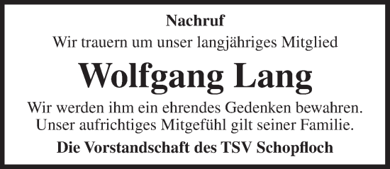 Traueranzeige von Wolfgang Lang von Dinkelsbühl/ Feuchtwangen
