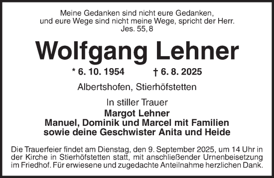 Traueranzeige von Wolfgang Lehner von Neustadt/ Scheinfeld/ Uffenheim