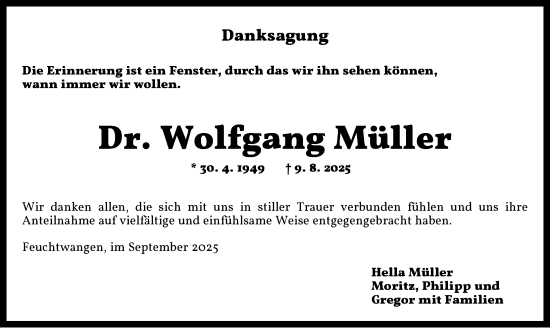 Traueranzeige von Wolfgang Müller von Dinkelsbühl/ Feuchtwangen