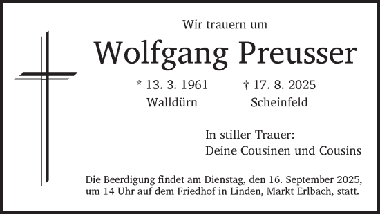 Traueranzeige von Wolfgang Preusser von Neustadt/ Scheinfeld/ Uffenheim