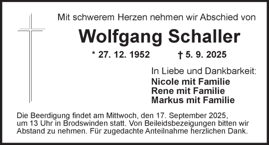 Traueranzeige von Wolfgang Schaller von Ansbach