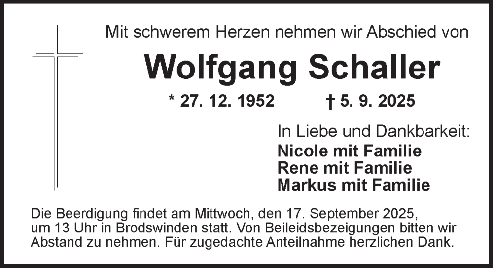  Traueranzeige für Wolfgang Schaller vom 13.09.2025 aus Ansbach