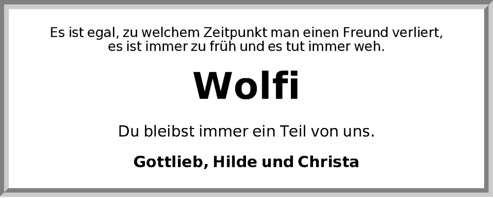 Traueranzeige für Wolfi  vom 16.09.2025 aus Neustadt/ Scheinfeld/ Uffenheim
