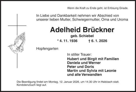 Traueranzeige von Adelheid Brückner von Dinkelsbühl/ Feuchtwangen