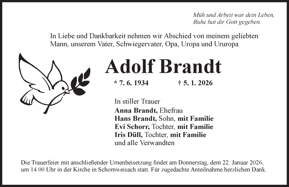  Traueranzeige für Adolf Brandt vom 17.01.2026 aus Neustadt/ Scheinfeld/ Uffenheim