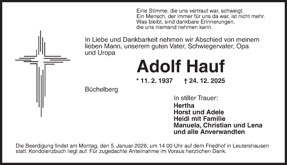  Traueranzeige für Adolf Hauf vom 02.01.2026 aus Ansbach