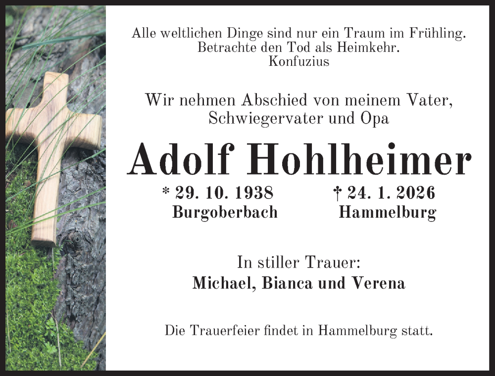  Traueranzeige für Adolf Hohlheimer vom 28.01.2026 aus Ansbach