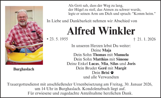 Traueranzeige von Alfred Winkler von Neustadt/ Scheinfeld/ Uffenheim