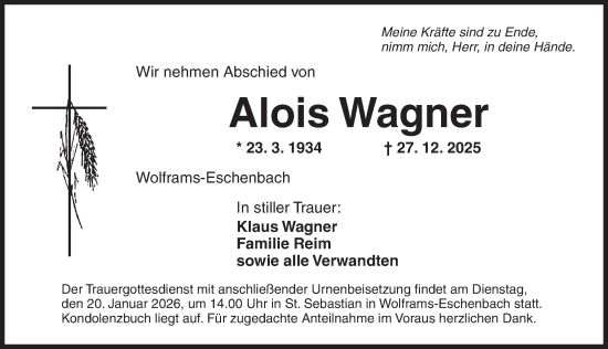 Traueranzeige von Alois Wagner von Ansbach