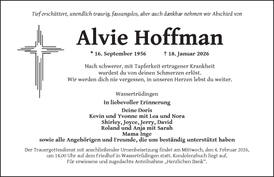 Traueranzeige von Alvie Hoffman von Dinkelsbühl/ Feuchtwangen