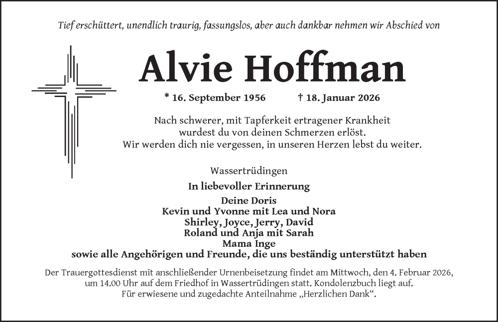  Traueranzeige für Alvie Hoffman vom 31.01.2026 aus Dinkelsbühl/ Feuchtwangen