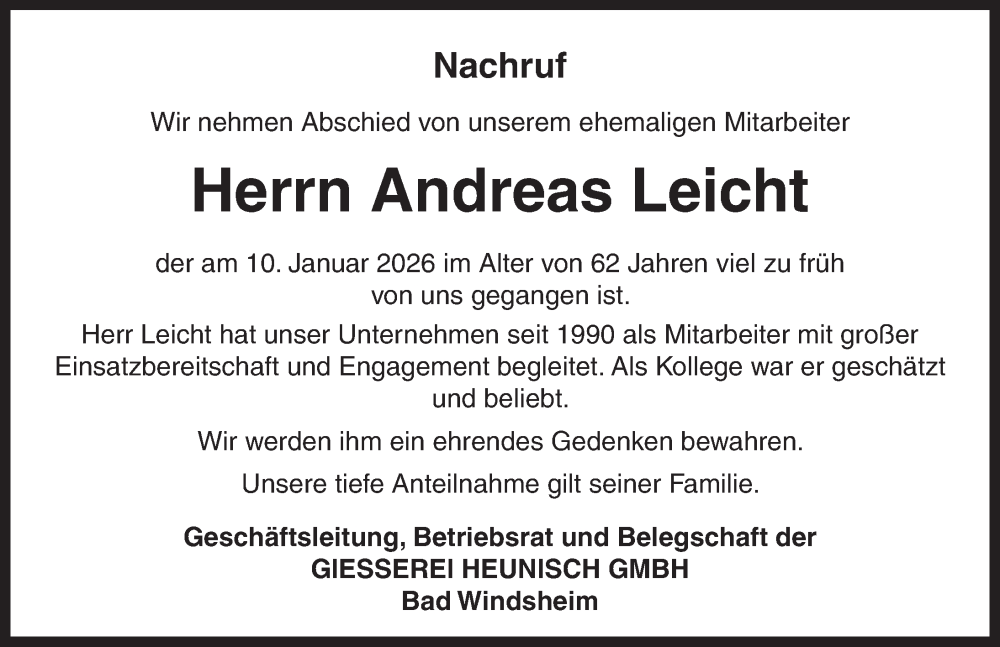  Traueranzeige für Andreas Leicht vom 27.01.2026 aus Neustadt/ Scheinfeld/ Uffenheim