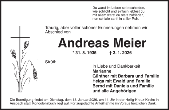 Traueranzeige von Andreas Meier von Ansbach