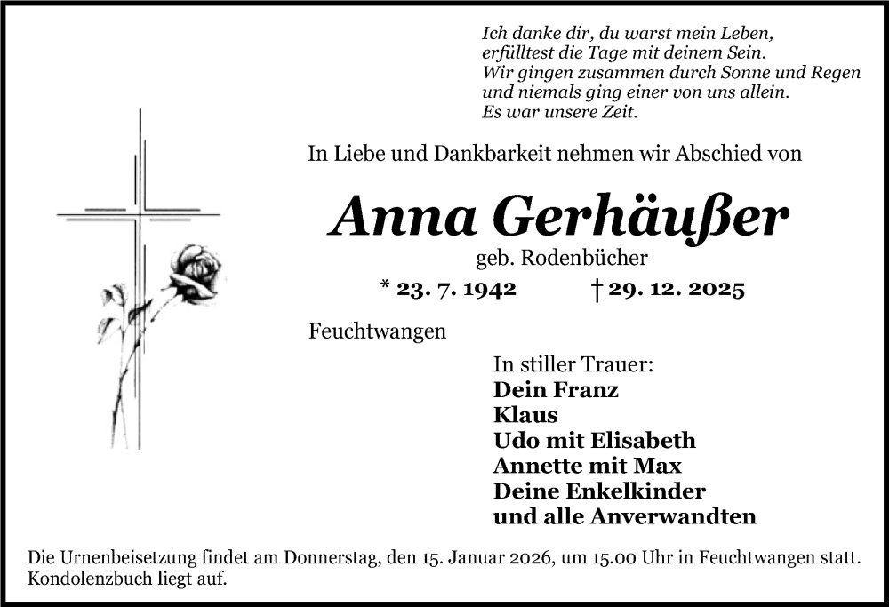  Traueranzeige für Anna Gerhäußer vom 13.01.2026 aus Ansbach