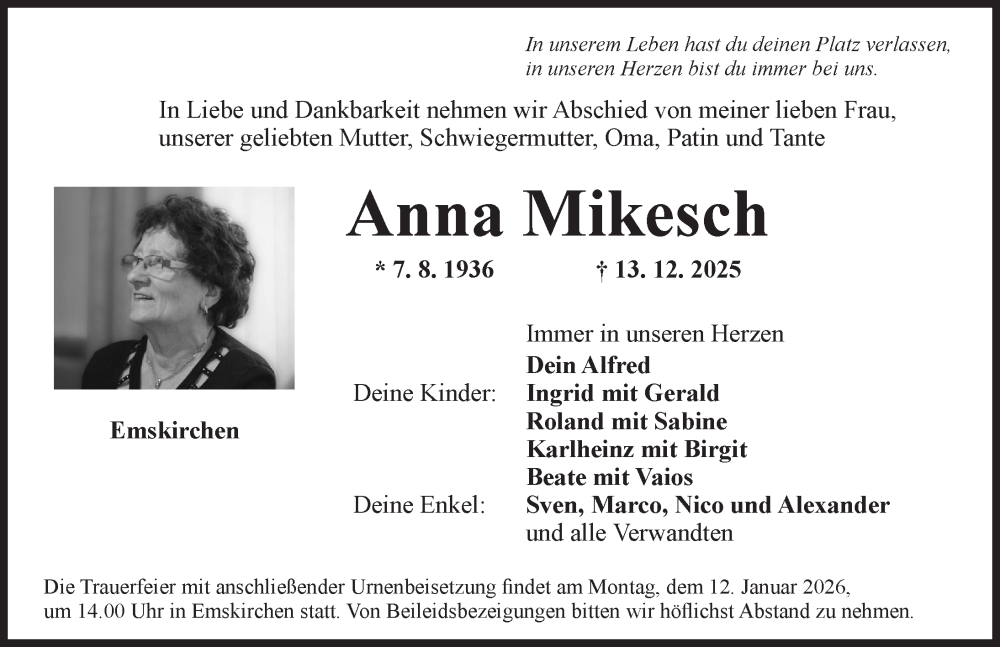  Traueranzeige für Anna Mikesch vom 03.01.2026 aus Neustadt/ Scheinfeld/ Uffenheim