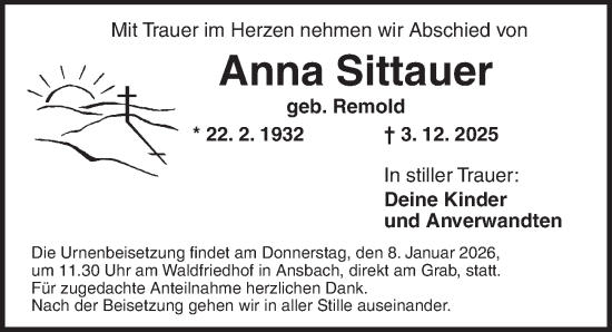 Traueranzeige von Anna Sittauer von Ansbach
