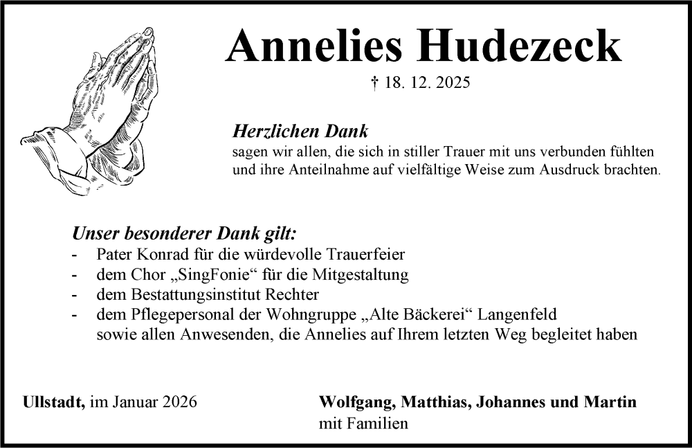  Traueranzeige für Annelies Hudezeck vom 10.01.2026 aus Neustadt/ Scheinfeld/ Uffenheim