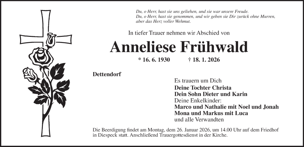  Traueranzeige für Anneliese Frühwald vom 21.01.2026 aus Neustadt/ Scheinfeld/ Uffenheim