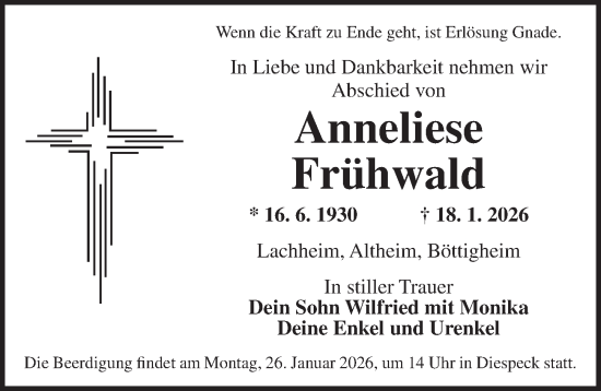 Traueranzeige von Anneliese Frühwald von Neustadt/ Scheinfeld/ Uffenheim