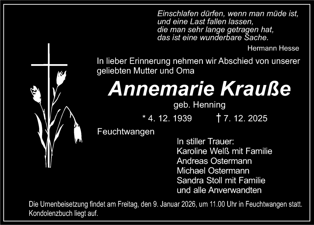  Traueranzeige für Annemarie Krauße vom 07.01.2026 aus Dinkelsbühl/ Feuchtwangen