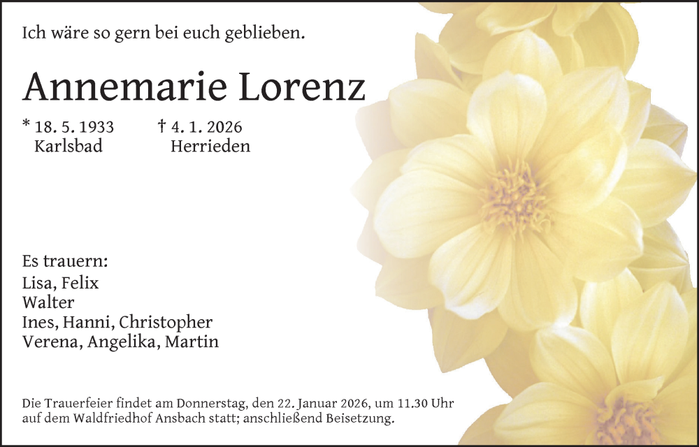  Traueranzeige für Annemarie Lorenz vom 10.01.2026 aus GE
