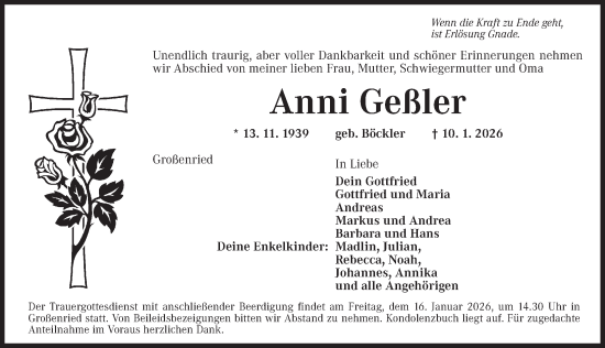 Traueranzeige von Anni Geßler von Ansbach