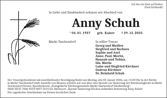 Traueranzeige von Anny Schuh von Neustadt/ Scheinfeld/ Uffenheim