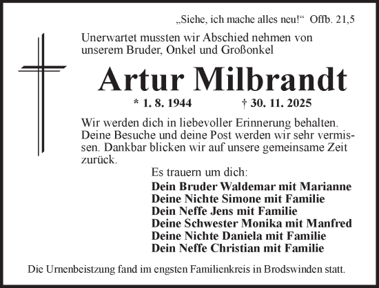 Traueranzeige von Artur Milbrandt von Ansbach