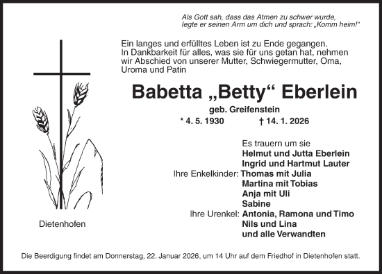 Traueranzeige von Babetta Eberlein von Ansbach