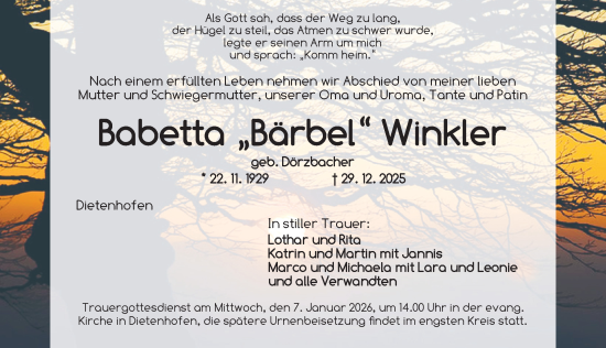 Traueranzeige von Babetta Winkler von Ansbach