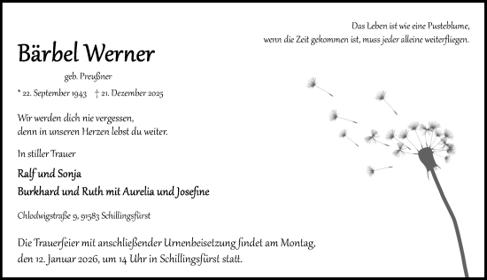 Traueranzeige von Bärbel Werner von Rothenburg