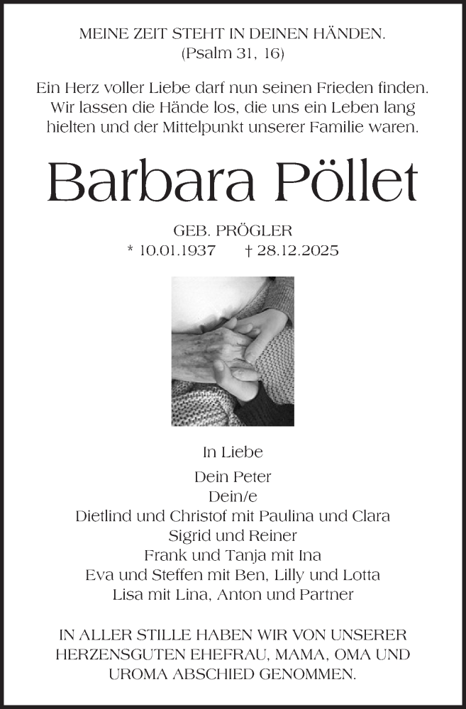  Traueranzeige für Barbara Pöllet vom 10.01.2026 aus Neustadt/ Scheinfeld/ Uffenheim