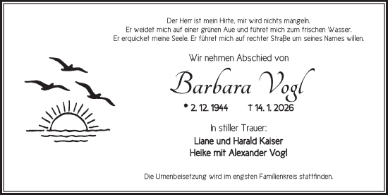 Traueranzeige von Barbara Vogl von Neustadt/ Scheinfeld/ Uffenheim